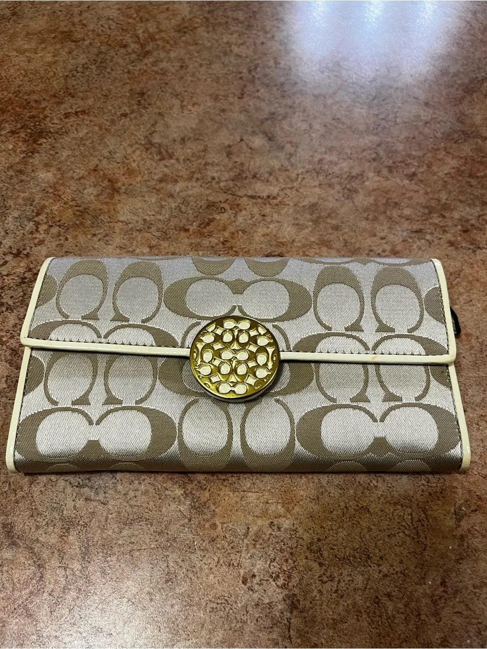 Coach Signature Canvas Continental Wallet in Khaki and Chalk with Gold Medallion